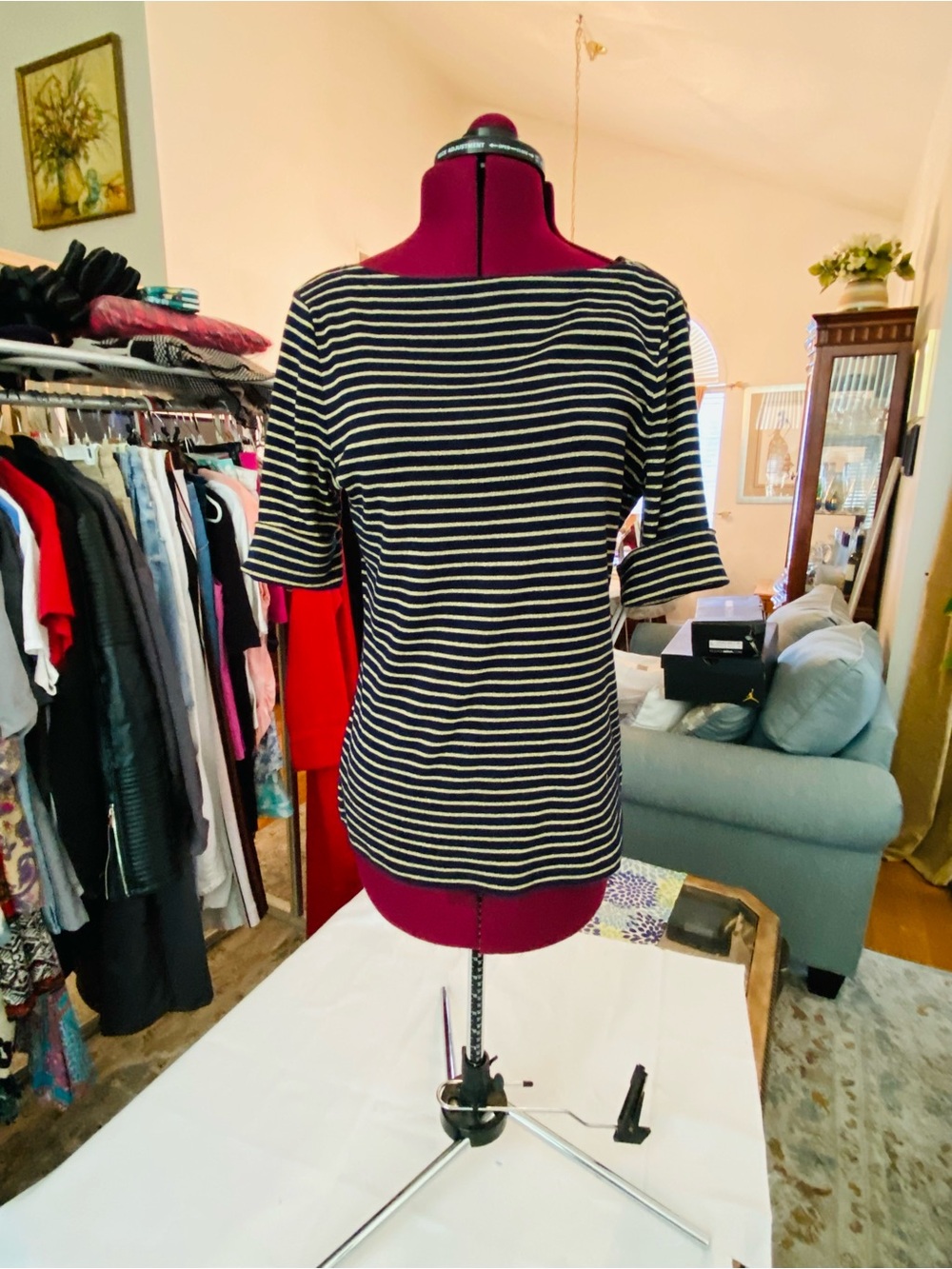 Lauren Ralph Lauren Navy and White Striped Boatneck Short-Sleeve Top